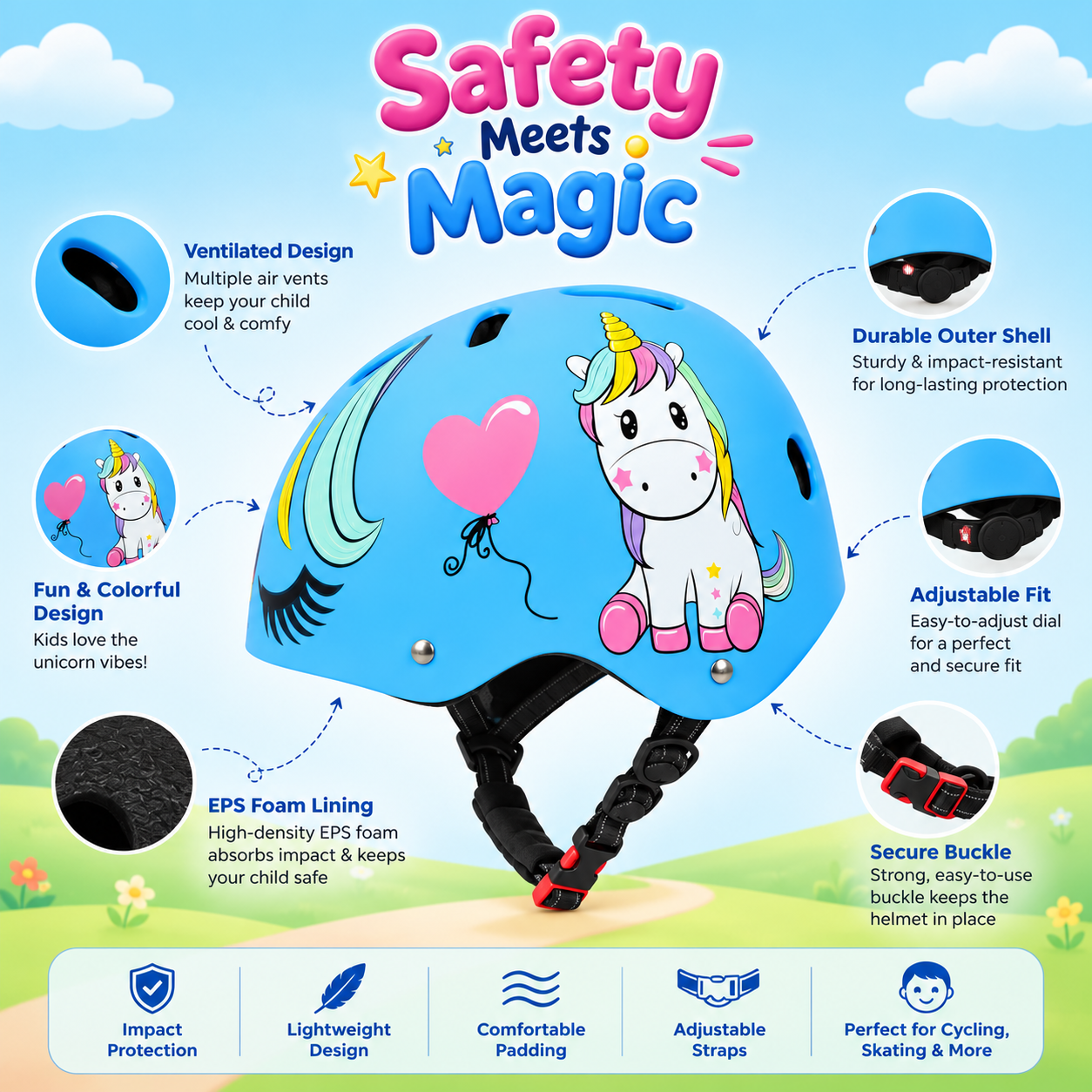 Unicorn Dream Blue – Kids Protective Cycling & Skating Helmet - Image 3